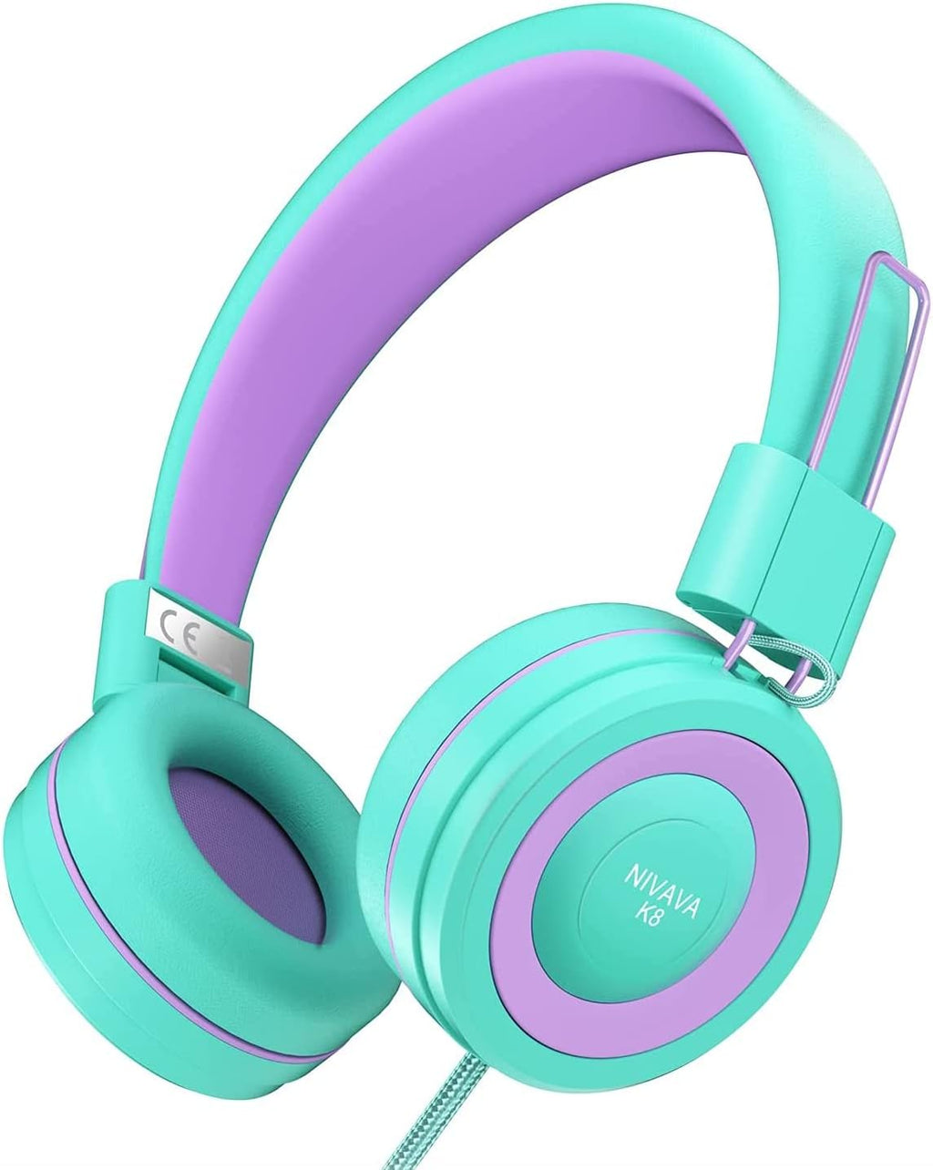 Kids Headphones, K8 Wired Headphones for Kids with Adjustable Headband 3.5 MM Jack for School, Foldable On-Ear Headset for Girls Boys Kindle Tablet Cellphones Airplane Travel(Green Purple)