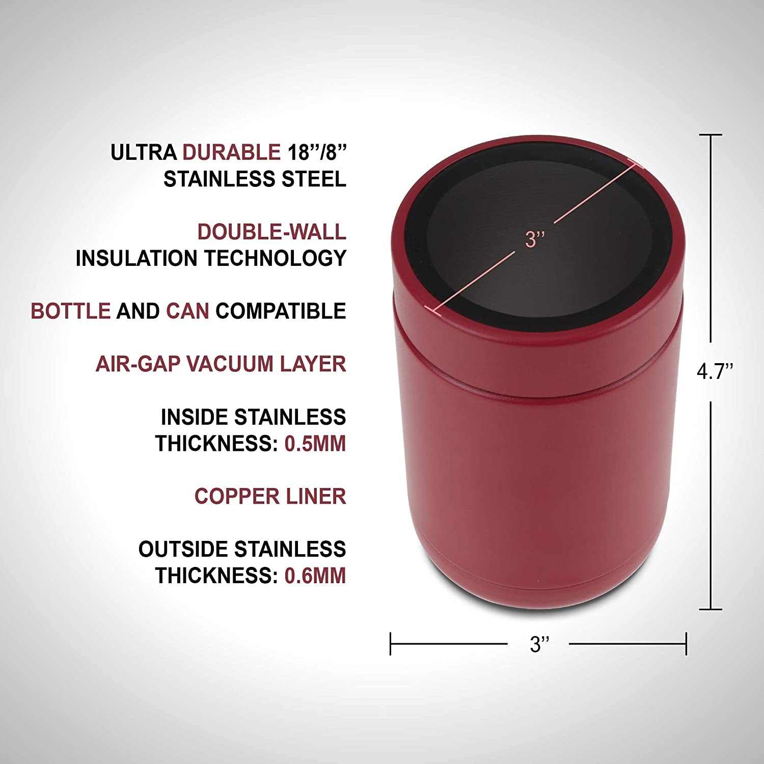 Stainless Steel 12Oz Vacuum Insulated Cooler and Bottle Chiller | Double Wall Can and Bottle Cooler | Copper Plated Metal Chiller | Crimson Red