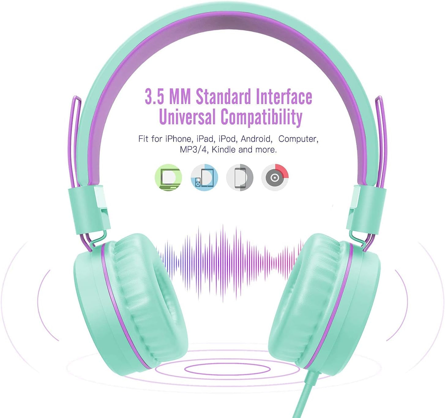 Kids Headphones, K8 Wired Headphones for Kids with Adjustable Headband 3.5 MM Jack for School, Foldable On-Ear Headset for Girls Boys Kindle Tablet Cellphones Airplane Travel(Green Purple)