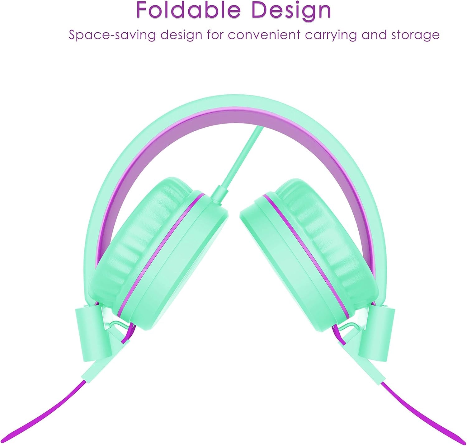 Kids Headphones, K8 Wired Headphones for Kids with Adjustable Headband 3.5 MM Jack for School, Foldable On-Ear Headset for Girls Boys Kindle Tablet Cellphones Airplane Travel(Green Purple)