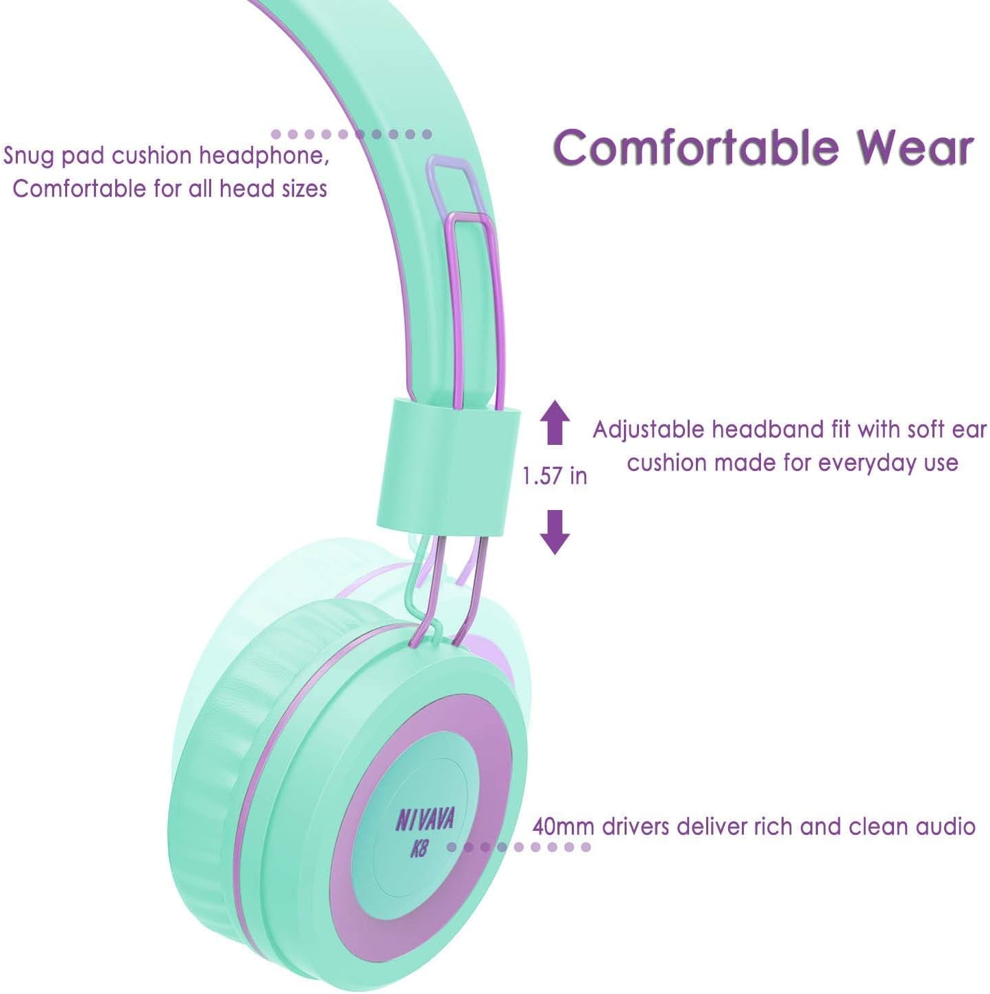Kids Headphones, K8 Wired Headphones for Kids with Adjustable Headband 3.5 MM Jack for School, Foldable On-Ear Headset for Girls Boys Kindle Tablet Cellphones Airplane Travel(Green Purple)