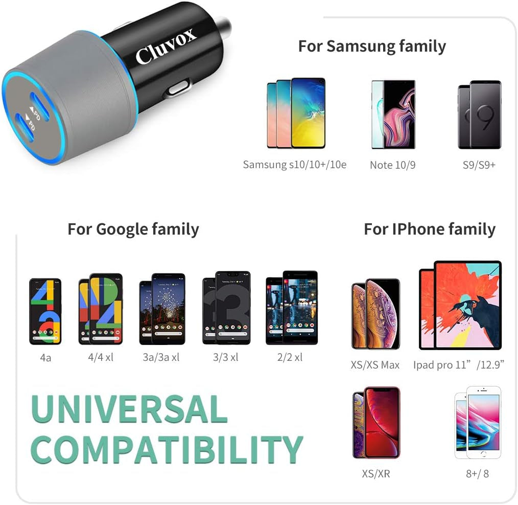 Android Car Charger, 40W Fast Charging for Samsung Galaxy A55 5G/A54/A53/A50/A35/A33/A25/A23/A15/A14/A13/A71/A03S/S25/S24/S23/S22, Dual 20W USB C Rapid Cigarette Lighter Adapter with 3Ft Type C Cord