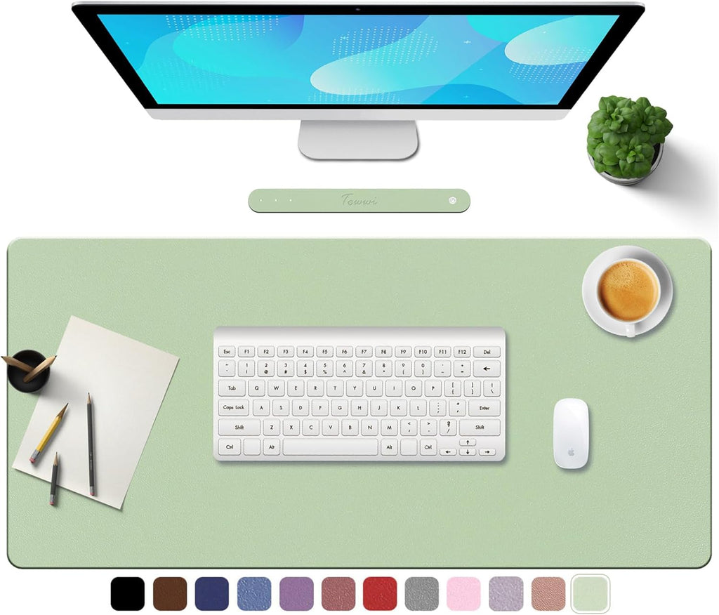 PU Leather Desk Pad with Suede Base, Multi-Color Non-Slip Mouse Pad, 36” X 17” Waterproof Desk Writing Mat, Large Desk Blotter Protector(Light Green)