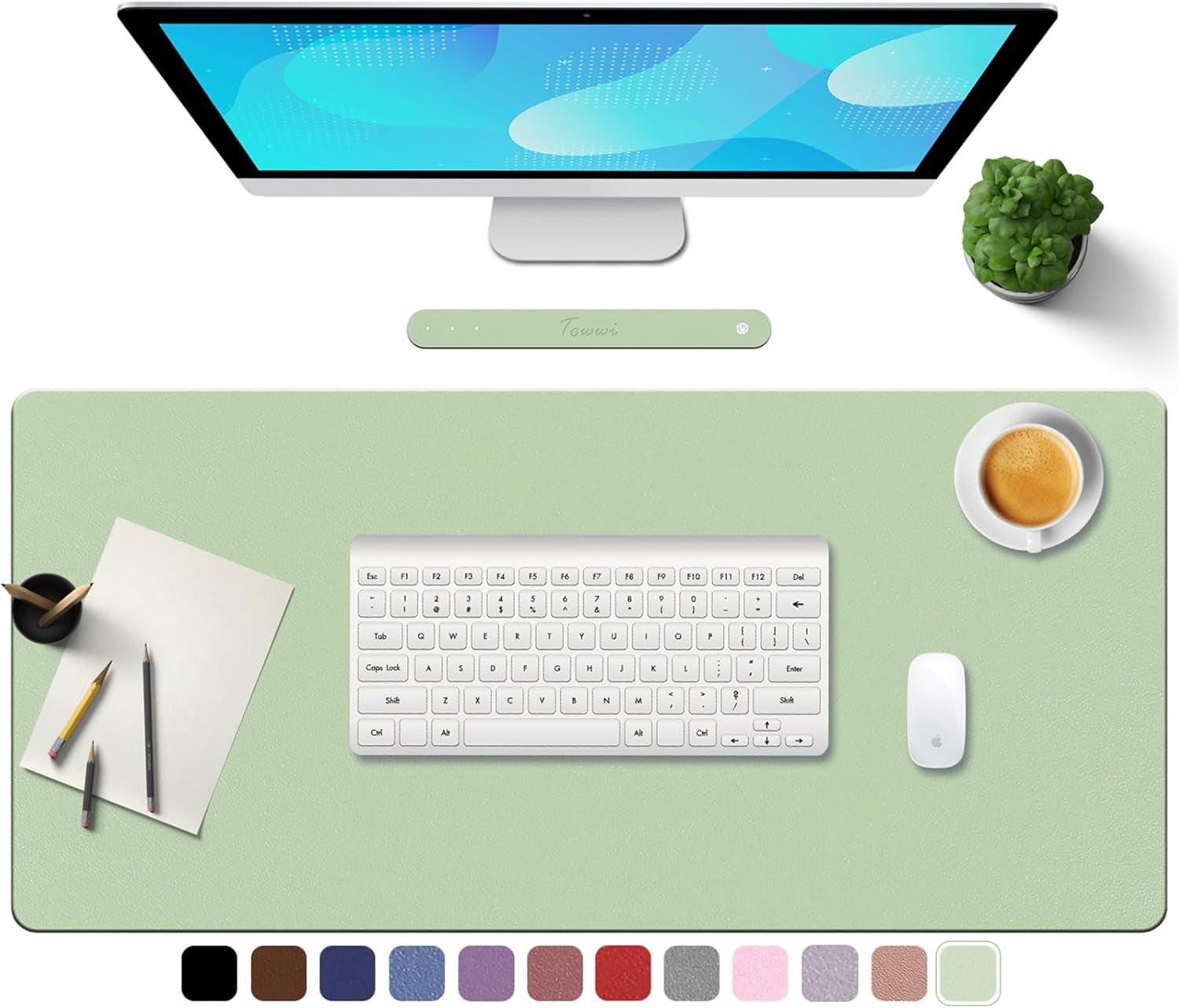 PU Leather Desk Pad with Suede Base, Multi-Color Non-Slip Mouse Pad, 36” X 17” Waterproof Desk Writing Mat, Large Desk Blotter Protector(Light Green)